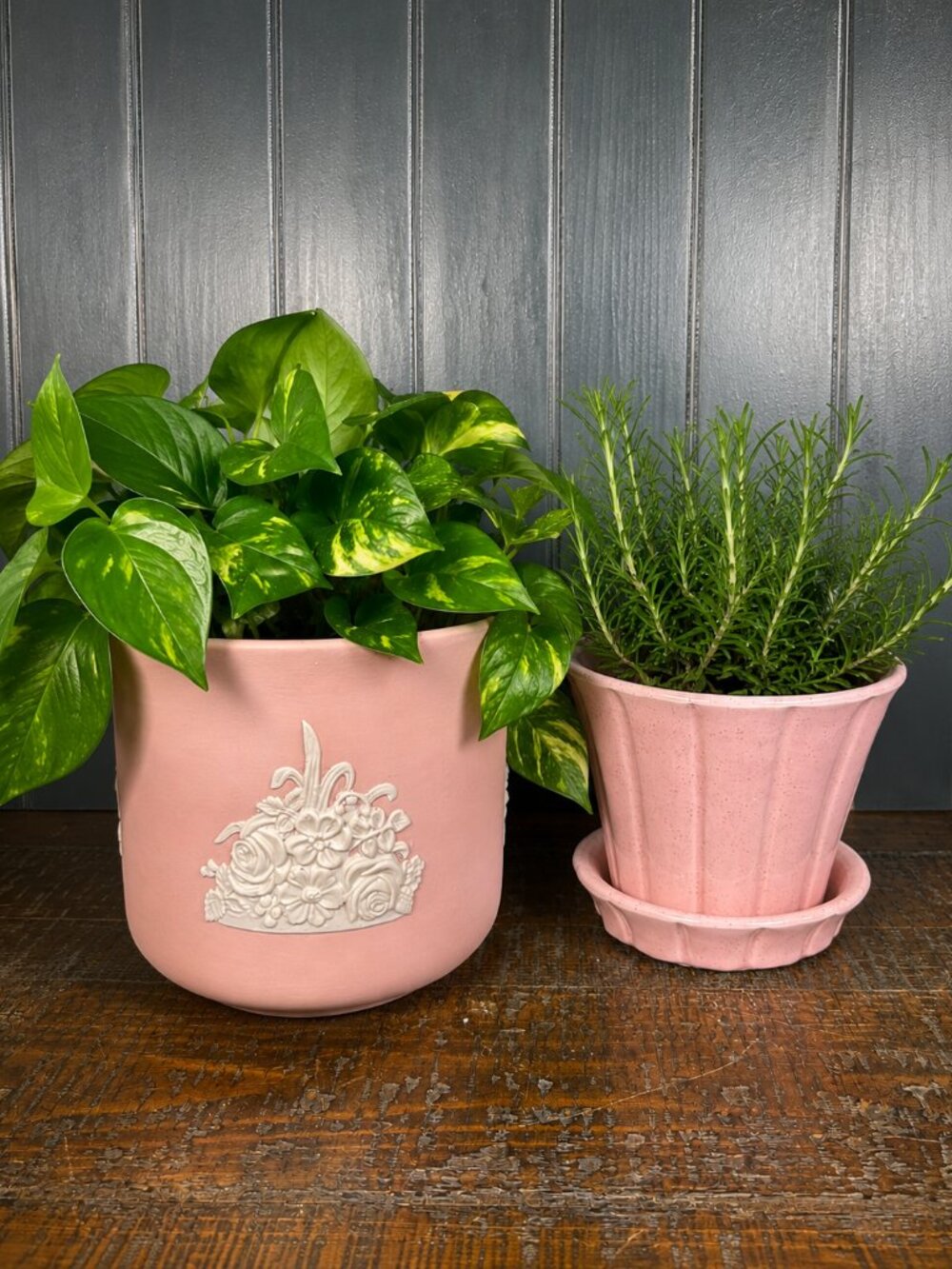Vintage Pink Planter Pair McCoy and ECanada Art Pottery Jasperware Style